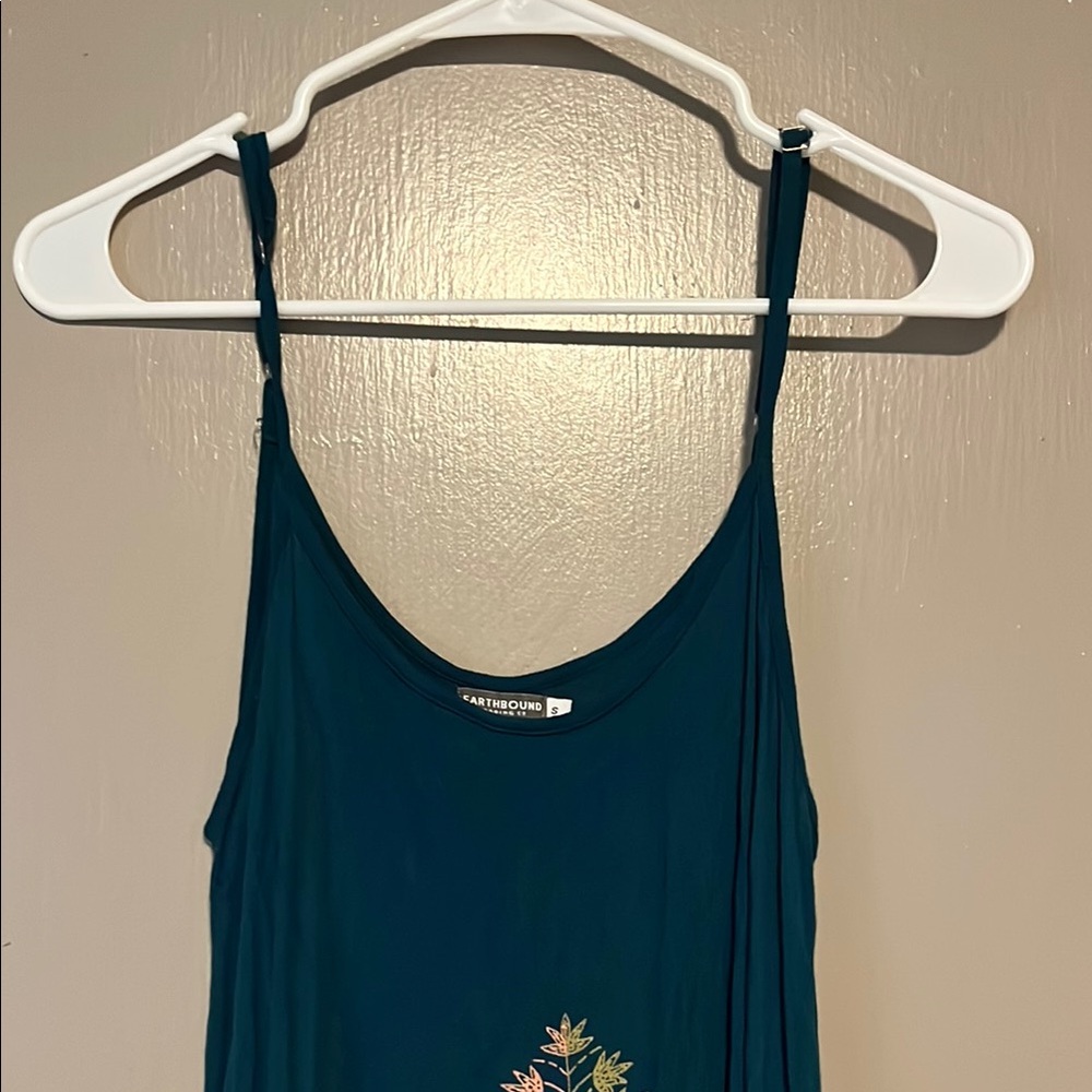 Teal Spaghetti Strap Dress with Floral Embroidery